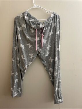 Grey Butterfly-Print Lounge Pajama Pants with Pink Drawstring